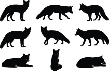 Collection of black fox silhouettes in various poses on white background