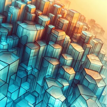 Crystalline geometric tessellations in translucent cyan and ambe