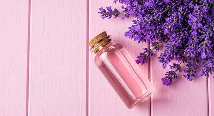 Lavender essential oil bottle on pink wood background for aromatherapy and spa treatment concept photo