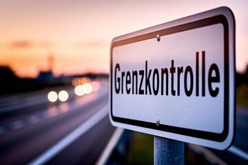 Close up of white road sign saying 'Grenzkontrolle' (border control) on side of street