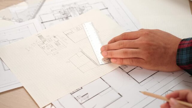 Professional engineer team discussion about house design on meeting table with architectural equipment and building blueprint scatter around at modern office. Focus on hand. Closeup. Delineation.