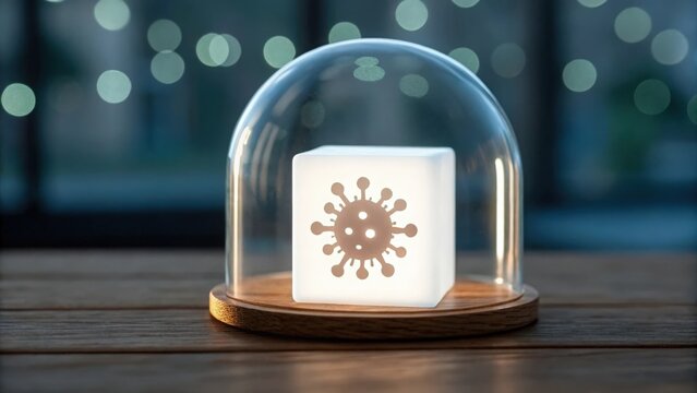 Cube with glowing virus icon trapped inside glass dome — isolated malware under observation