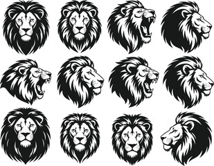 Obraz premium Collection of twelve stylized lion head illustrations in black and white