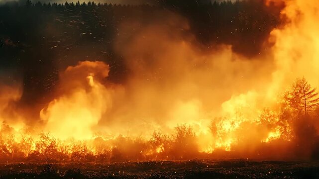 Intense wildfire engulfing a forested area, with flames and smoke rising against a dark sky