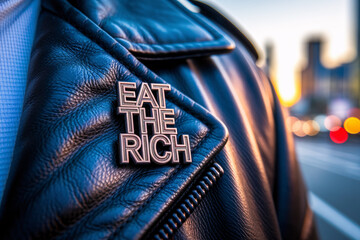 Political protest pin with eat the rich slogan attached to leather jacket symbolizing class struggle and anti-capitalist sentiment