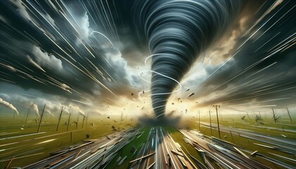 A tornado ripping through VR plains leaving debris trails