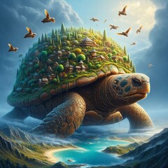 A wise old turtle the size of an island its shell covered in an