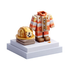 Isometric Pixel Art Firefighter Uniform and Helmet Diorama on White Platform