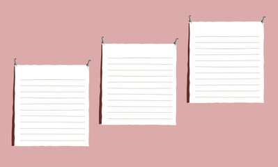 Three white lined paper sheets notes with pins blank design template on pink background