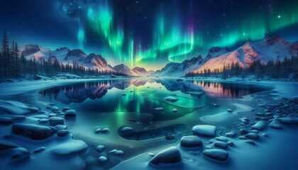 Obraz premium Arctic landscape with northern lights reflected in frozen lake s