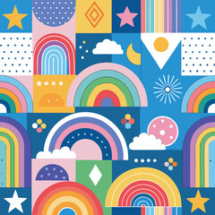 Rainbow vector geometric seamless patterns collection. Set of bright colorful backgrounds with modern minimal labels. Cute abstract geometrical textures. Simple pattern design for babies, kids, decor