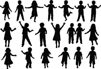 Collection of diverse children silhouettes in various playful poses and actions