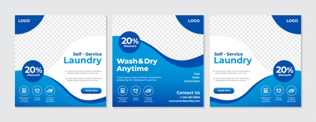 Premium Self Service Laundry Business Social Media Template Set with Discount Offer. A modern and eye catching design, perfect for promoting your 24 hour wash and dry services with a special discount.