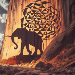 An elephant’s shadow cast against a rocky cliff face Geometric