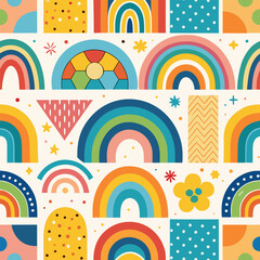 Rainbow vector geometric seamless patterns collection. Set of bright colorful backgrounds with modern minimal labels. Cute abstract geometrical textures. Simple pattern design for babies, kids, decor