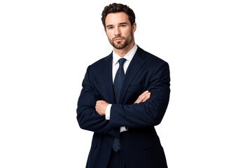 Confident and handsome businessman in a suit, standing with arms crossed, isolated on white background