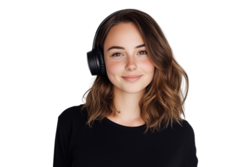 Happy young woman listening music with headphones, isolated on transparent background