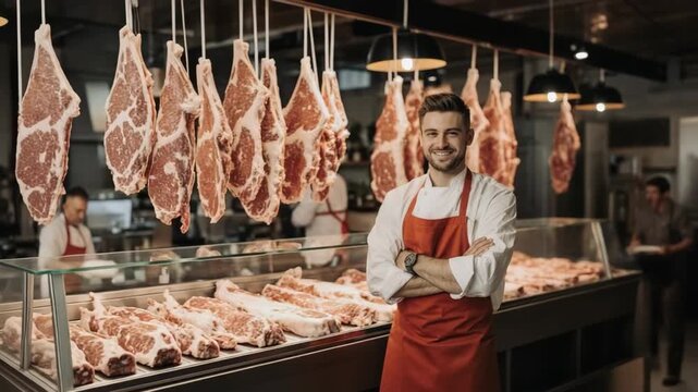 Smiling butcher in red apron stands in front of meat display