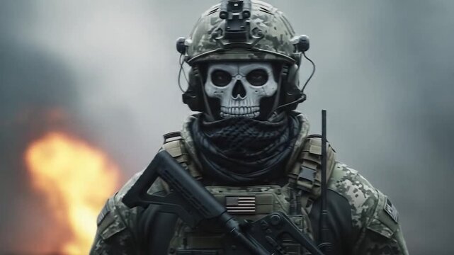Camouflaged soldier with skull mask in combat setting