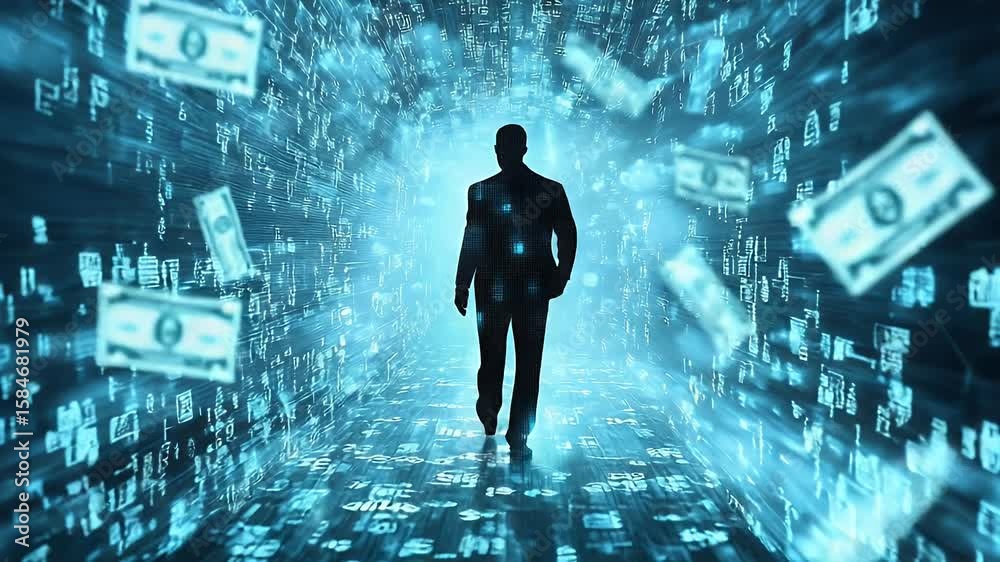Poster silhouette of a person in a digital tunnel with binary code and currency symbols. blue and cyan hues
