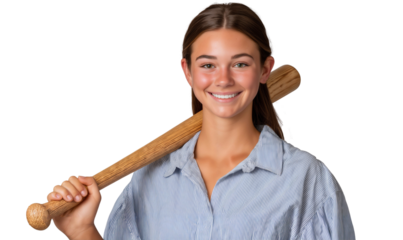 A cheerful young woman with a genuine smile, confidently holding a baseball bat, isolated on white background