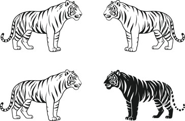 Obraz premium Four stylized tiger illustrations in black and white on a white background