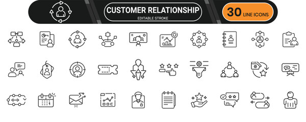 CRM line icons set showcasing customer interaction, loyalty programs, service pipeline, contact tools, and business engagement symbols