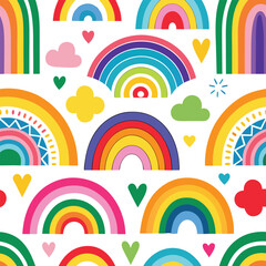 Rainbow vector geometric seamless patterns collection. Set of bright colorful backgrounds with modern minimal labels. Cute abstract geometrical textures. Simple pattern design for babies, kids, decor