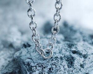 Silver chain necklace suspended on foggy blue concrete pattern