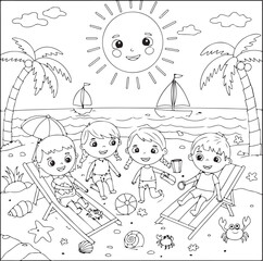 Fototapeta premium Happy Children at the Beach Coloring Page