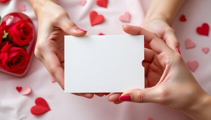 Two hands holding a blank card surrounded by red roses and heart-shaped decorations on a pink background for love and romance themes