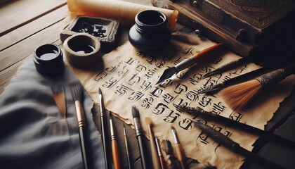 Calligraphy Master’s Workspace – Brushes dipped in ink parch