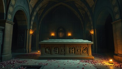 Cathedral crypt, stone sarcophagus with carved reliefs, arched ceilings, flickering torchlight, dusty atmosphere, scattering of rose petals, ethereal glow, solemn and historic atmosphere