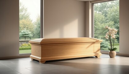 Contemporary funeral hall, closed light wood coffin natural finish, large windows overlooking a tranquil garden, smooth stone floor, soft, ambient lighting, peaceful atmosphere