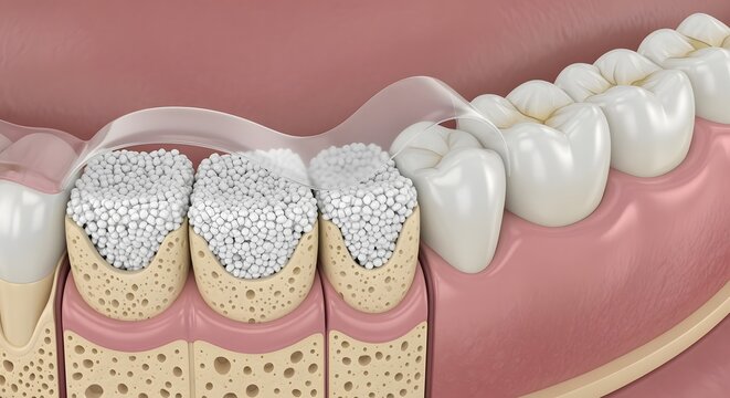 Dental bone graft procedure illustration showing bone regeneration and membrane placement.