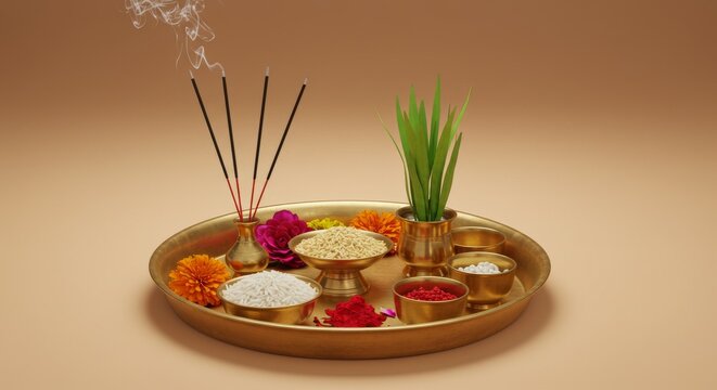Brass puja thali with rice, tika, jamara, incense and flowers during Dashain