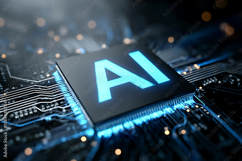 Poster microchip with glowing ai design on technology circuit board showcasing advancements in artificial i