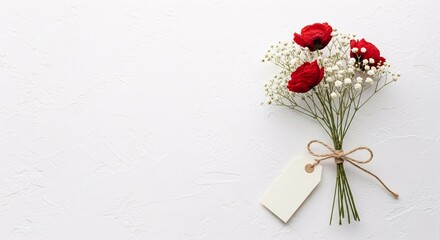 Red rose bouquet with baby's breath and tag on white background for wedding invitation card design