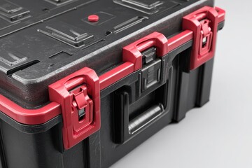 Close up showcases rugged black storage box with red latches and handle for secure organization needs