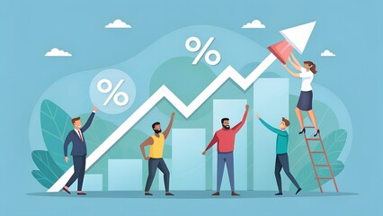 Diverse team celebrates financial growth with upward arrow rocket