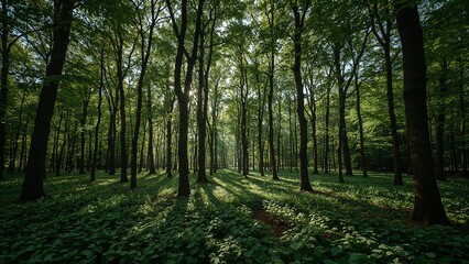 Fototapeta premium Sunlight filtering through a dense forest canopy.