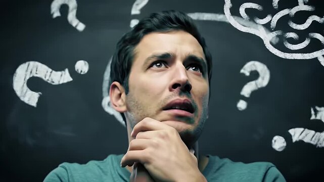 Anxious Man with Chalk Drawings of Brain and Question Marks on Blackboard