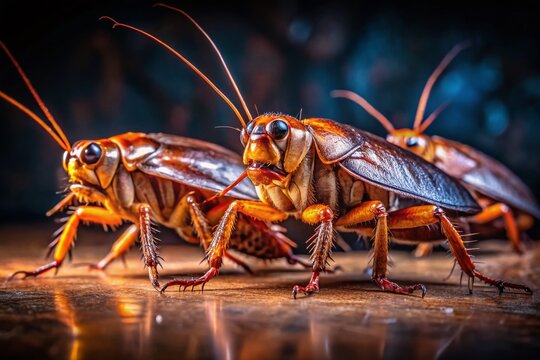 Three Cockroaches Crawling on Clean Floor - Close-Up Night Photography