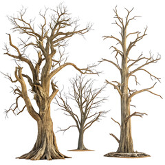 Obraz premium Three gnarled and barren ancient trees isolated on transparent background