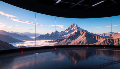 Mountain landscape snow peak valley fog panoramic view sunset light indoor display digital screen reflection floor scenic nature cloud layer