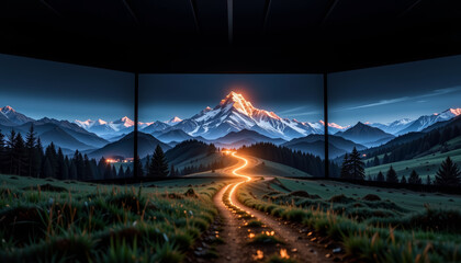 Mountain landscape with glowing path winding through grassy hills and pine trees under dark sky, creating serene and magical atmosphere