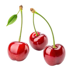 Three ripe red cherries with stems and one leaf isolated on transparent background