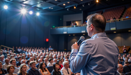 Keynote speaker auditorium audience microphone presentation stage event lighting business conference professional crowd