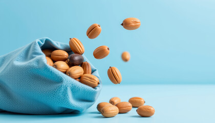 Pecan nut falling out of blue cloth bag on blue background, natural healthy snack with smooth shell texture and warm brown color