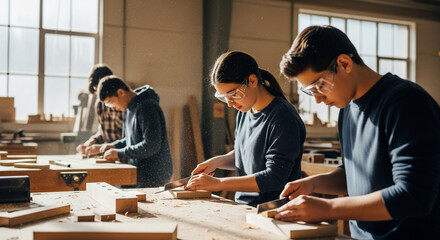 Focused Students Engaged in Woodworking Craft in a Vocational Workshop
